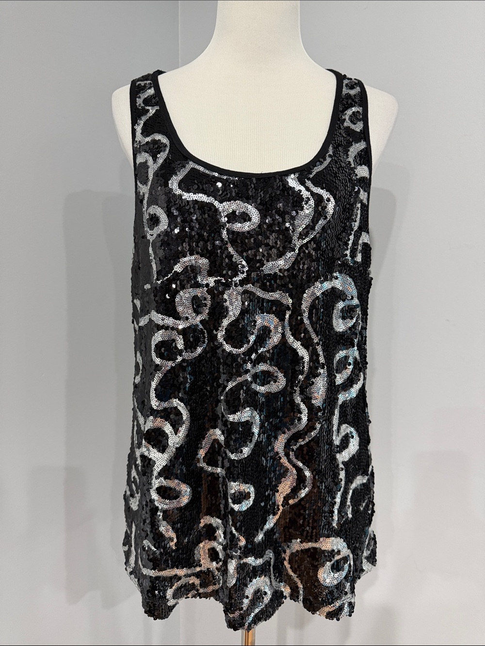 Dress Barn Black Sequin Tank with Silver Swirl Accents